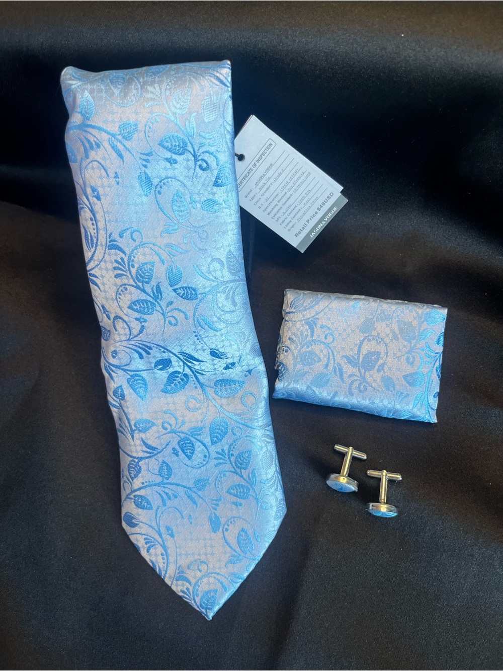 Light Blue Paisley Silk Tie Set with Pocket Square and Cufflinks